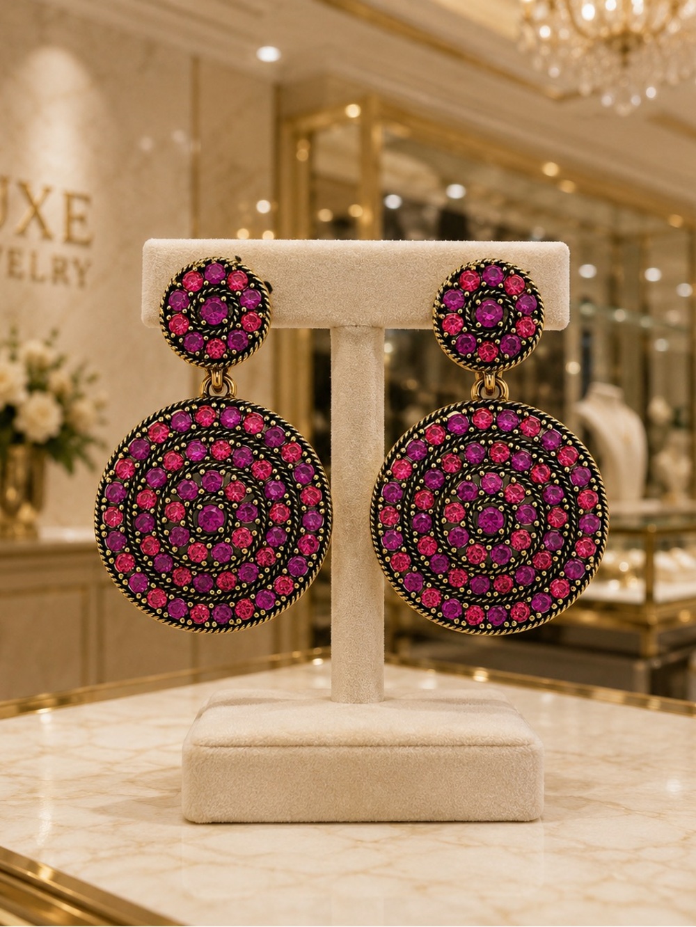 Crystal Drop Earrings Gold-Tone Pink Magenta Pavé Medallion Clip-On Earrings